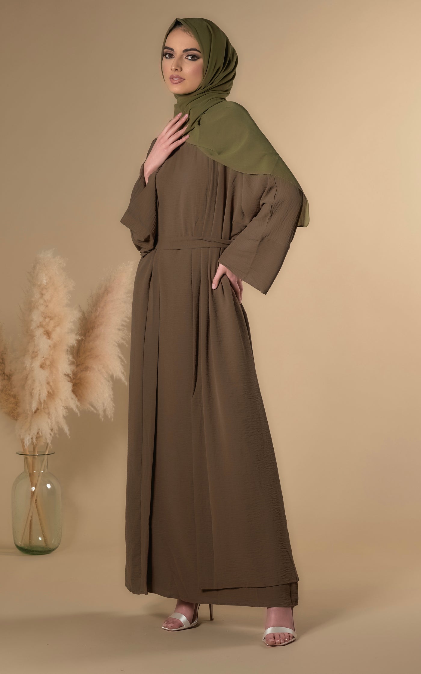three piece khaki abaya set