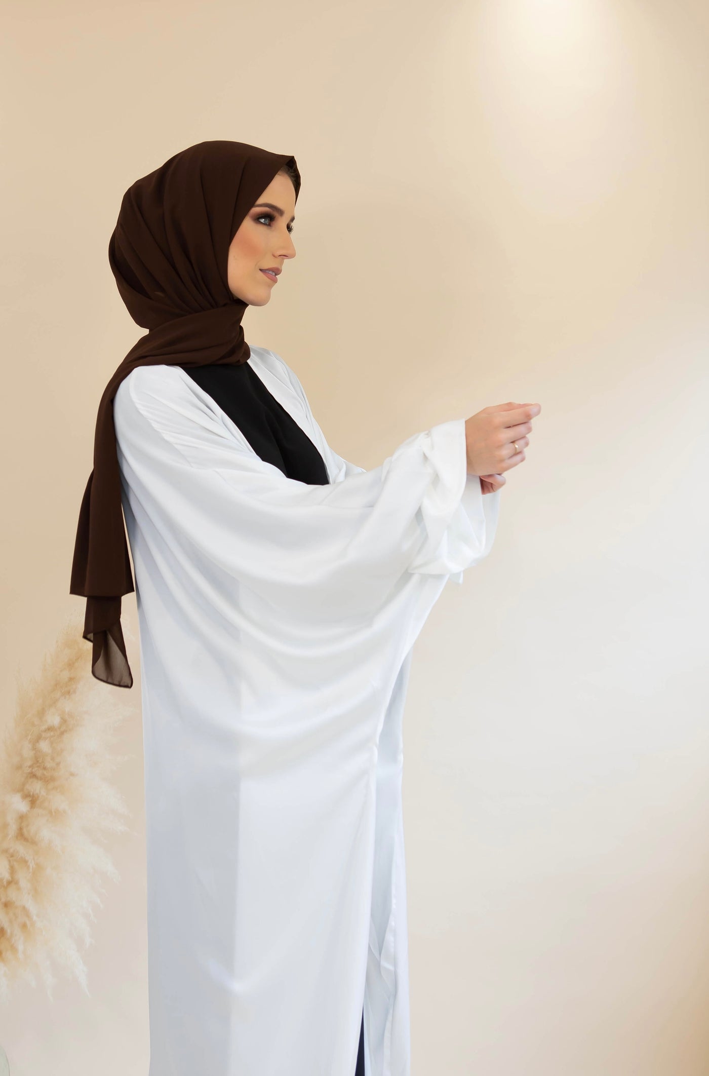 Aaliya Collections Satin Ruffle Sleeve Open Abaya - White