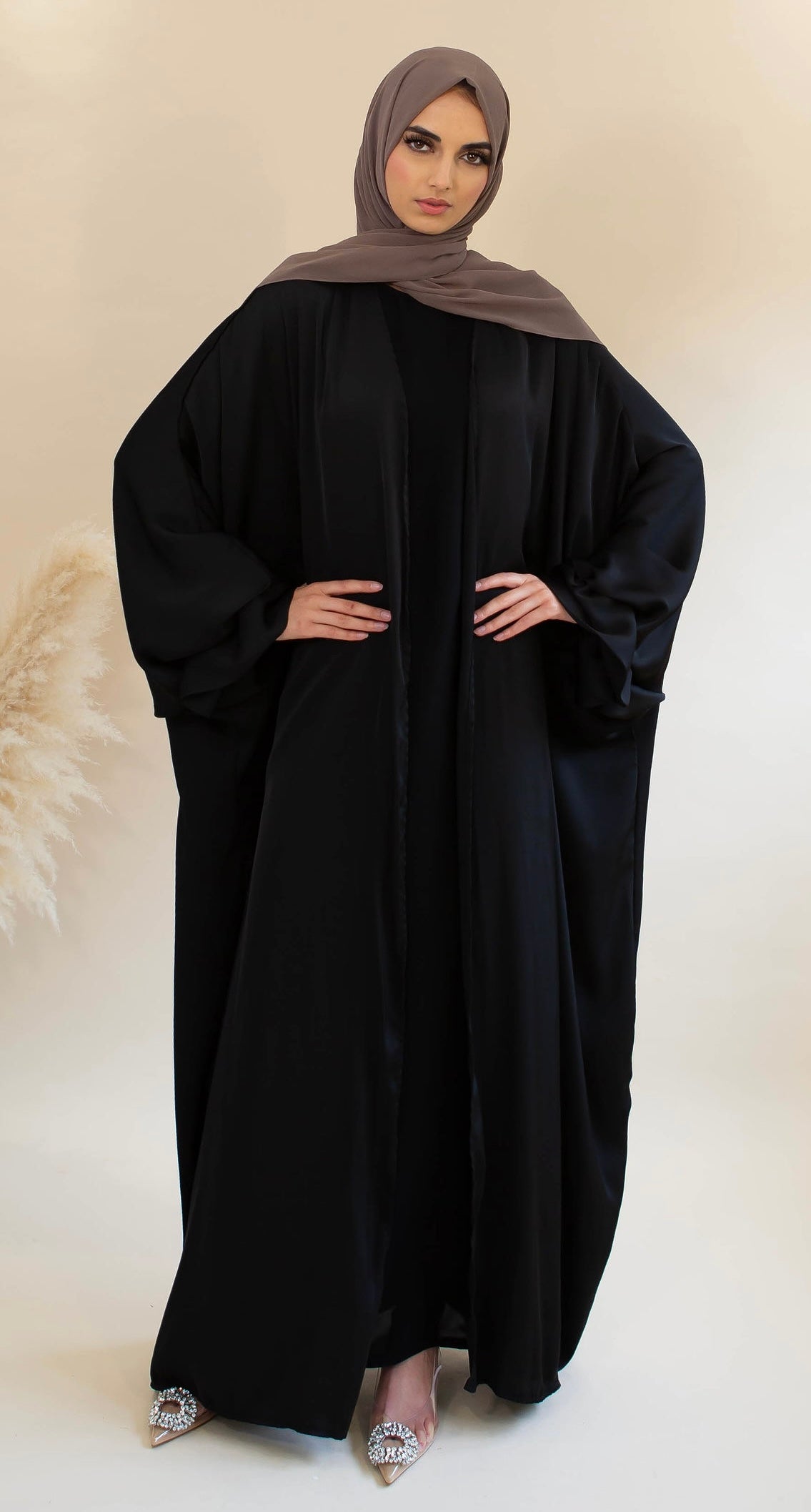 Aaliya Collections Satin Ruffle Sleeve Open Abaya - Black