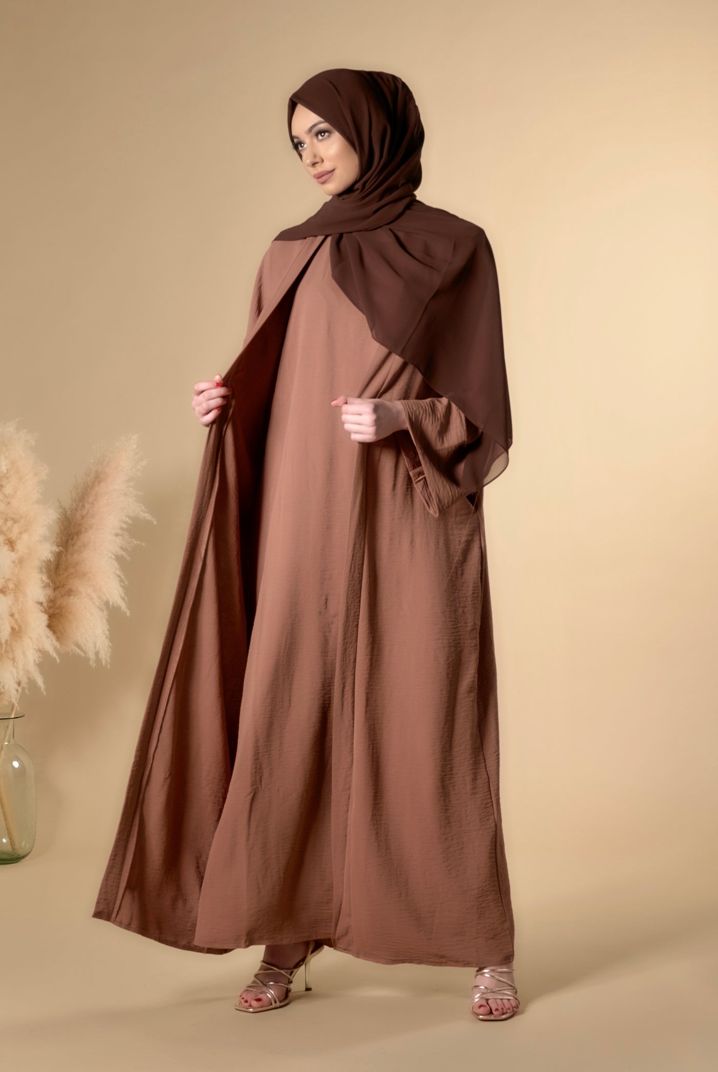 brown two piece abaya set