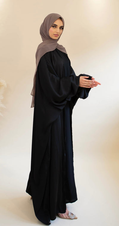 Aaliya Collections Satin Ruffle Sleeve Open Abaya - Black