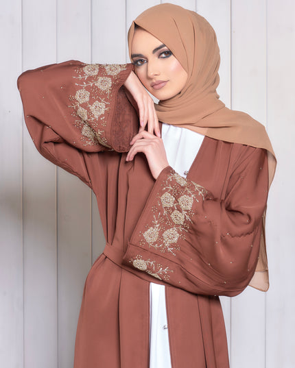 brown abaya with gold embellished sleeves