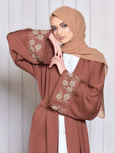 brown abaya with gold embellished sleeves