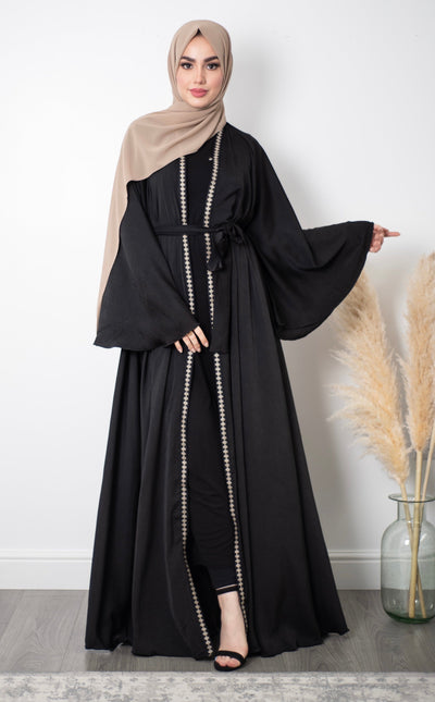 Aaliya Collections Bisht Abaya perfect for occasion wear, with beautiful embroidery bordering and flared sleeves
