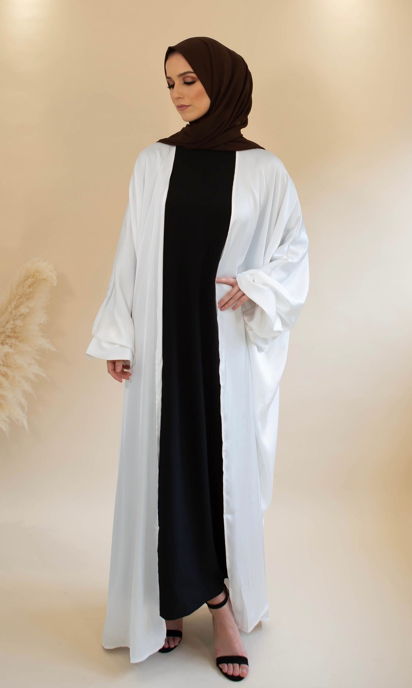 Aaliya Collections Satin Ruffle Sleeve Open Abaya - White