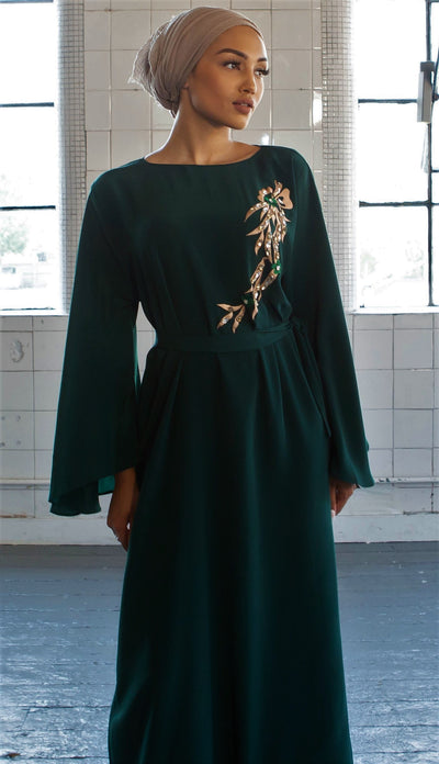 Aaliya Collections Raana Closed Abaya in bottle green with contrasting floral pattern embellishments